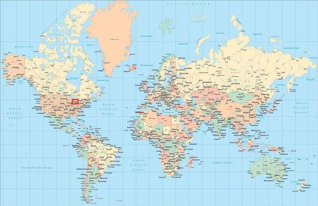 世界地図上のデトロイトの位置