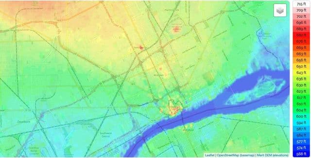 デトロイトの標高マップ
