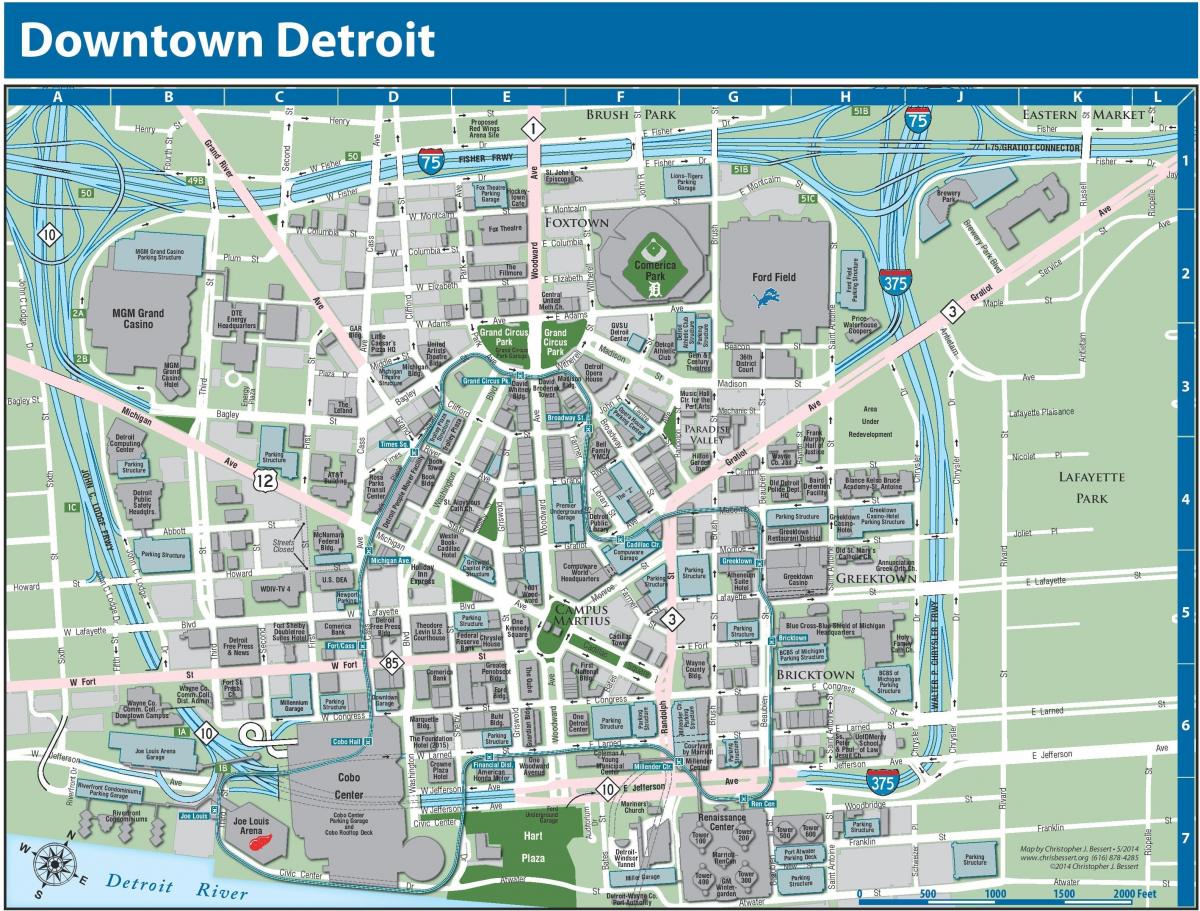 デトロイト市内中心部の地図