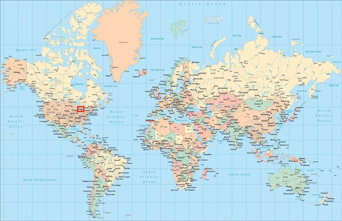 世界地図上のデトロイトの位置